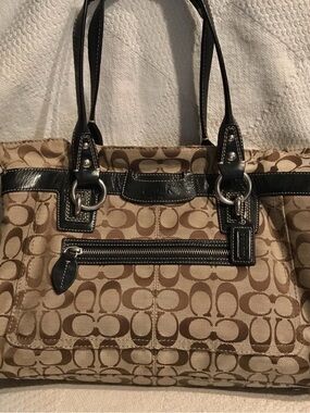 Coach Penelope Signature Canvas Tote Bag in Khaki/Chocolate with Black Trim